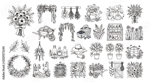 Canvastavla Rustic garden line art collection, 25 hand drawn farmhouse icons, vintage floral