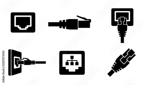 Ethernet Network Icons, RJ45 Connector, Network Port, Cable Plug, Connectivity Symbols, Technology Set
