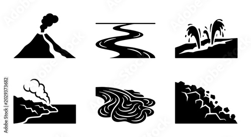Foto Natural Disaster Icons: Volcano, River, Geyser, Landslide, Tsunami, Mudslide Vec