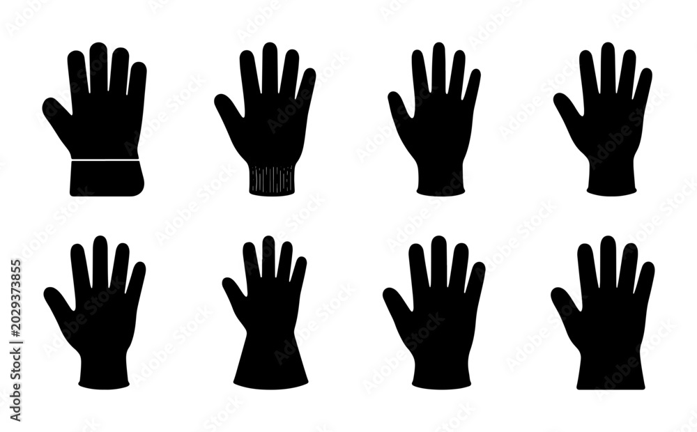 Obraz premium Glove Icons Set, Hand Protection Vector Graphics, Safety Wear Silhouettes, Protective Gear Collection