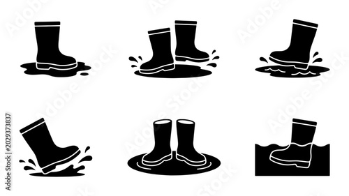 Fotografie Rain Boots Icon Set, Waterproof Footwear Vector Collection, Muddy Puddle Splash