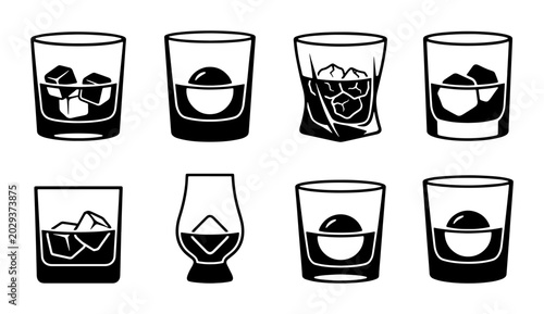 Whiskey Glass Icons Set, Various Styles, Rocks Glass, Tumbler, Scotch Glass, Alcohol Drinks