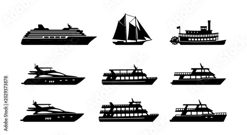 Tableau sur toile Set of 9 Diverse Boat Silhouettes: Cruise Ship, Sailboat, Paddle Steamer, Yachts