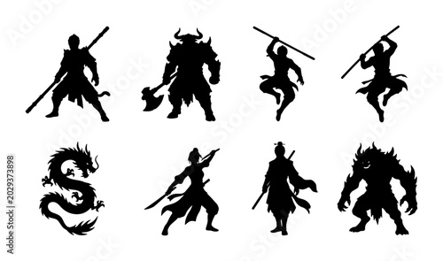 Cuadro en lienzo Mythical Warrior Silhouettes, Dragon Vector Art, Fantasy Characters, Ancient Com