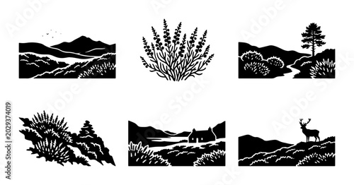 Vintage Landscape Illustrations: Rural Scenes, Mountains, Fields, Deer, Trees, Buildings