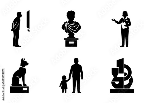 Museum Icons: Art, Sculpture, Visitors, Guide, Dog Statue, Family, Abstract Art