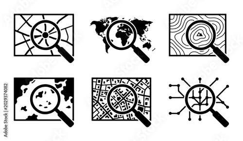 Magnifying Glass Over Maps, World Map Search, Topographic Lines, City Grid Exploration, Digital Network Analysis