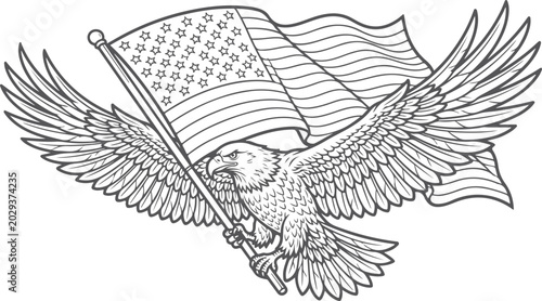 Majestic bald eagle holds american flag, freedom symbol illustration, patriotic design.