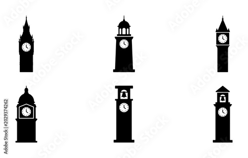 Foto Clock Tower Icons, Silhouette Building Collection, Landmark Timepiece Vector Set