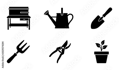 Schilderij op canvas Gardening Icons Set: Workbench, Watering Can, Trowel, Fork, Pruners, Plant Pot