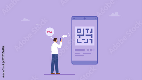 Bild auf Leinwand Man holding smartphone to use application for pay with qr code