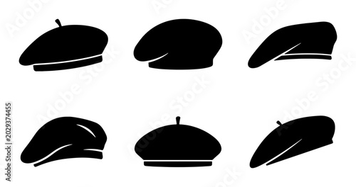 Tableau sur toile Six Black Beret Hat Icons, French Fashion Headwear Vector Set, Classic Parisian