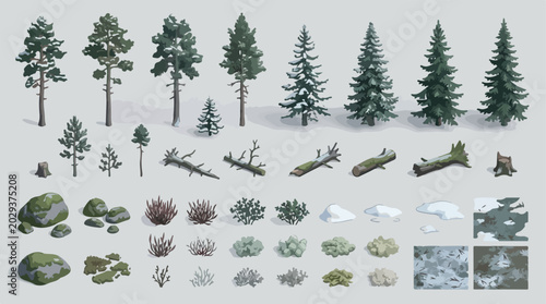 Isometric forest environment kit, vector pine trees and winter foliage collection, realistic woodland landscape elements with snow and mossy rocks