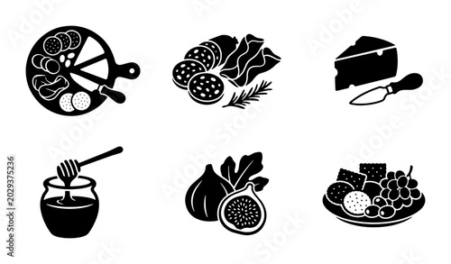 Konstfotografi Charcuterie Board Icons, Cheese Platter Graphics, Salami & Fig Vector Set, Food