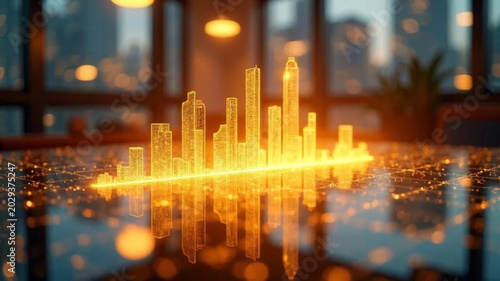 Golden business graphs in modern office. 