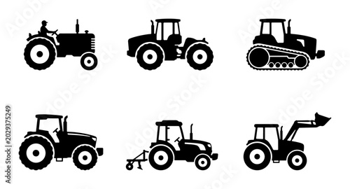 Schilderij op canvas Tractor Icons Set: Farm Vehicles, Agricultural Machinery, Construction Equipment