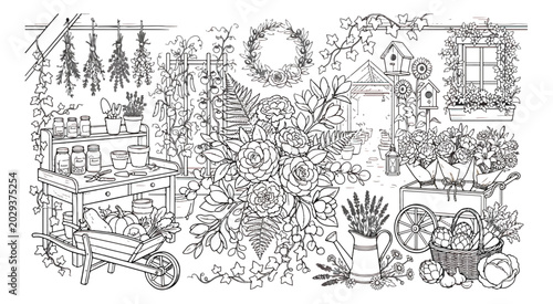 Foto Vintage garden shed coloring page vector, rustic florist workshop with flower bo