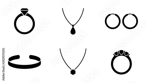 Cuadro en lienzo Elegant Jewelry Icons Set: Diamond Ring, Pendant Necklace, Hoop Earrings, Bracel