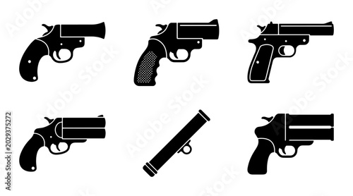 Foto Six Silhouette Revolver and Flare Gun Icons, Black Vector Set for Security and M