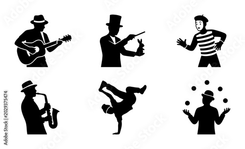 Foto Performance Icons Set: Musician, Magician, Mime, Breakdancer, Juggler, Saxophoni