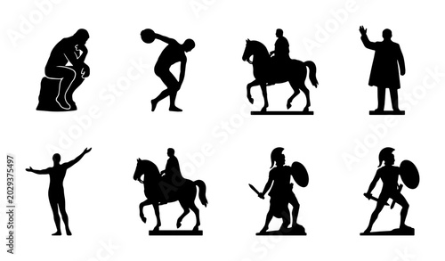 Classical Sculpture Silhouettes: Ancient Greek & Roman Figures, Thinker Statue, Athlete, Horseback Riders, Warrior Icons, Vector Art Collection