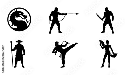 Tableau sur toile Martial Arts Fighters Silhouette Collection, Dragon Emblem Icon, Warrior Poses V