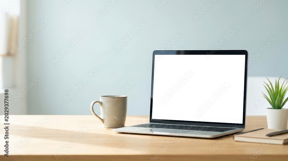 Fototapeta premium Modern laptop with blank screen on wooden desk