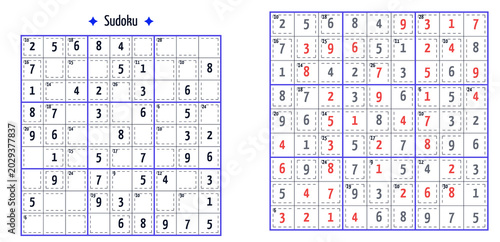 Schilderij op canvas Sudoku puzzle with incomplete and completed sections on white background