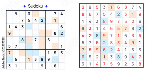 Sudoku puzzle grid with clues and completed solution concept of sudoku  