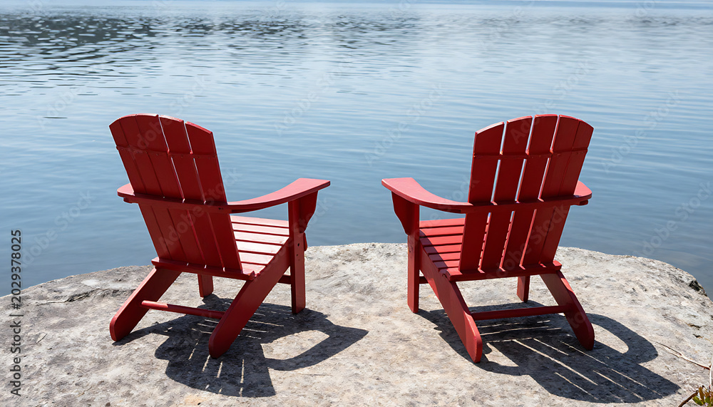 Fototapeta premium Peaceful Lakeside Retreat: Red Adirondack Chairs by the Water 