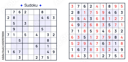 Sudoku puzzle grid with blank squares and completed solution concept of sudoku hyper