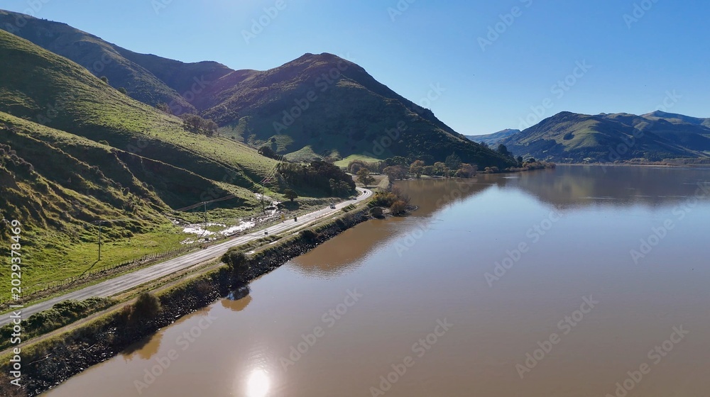Fototapeta premium Scenic Aerial View of Lake Forsyth and Coastal Road in New Zealand