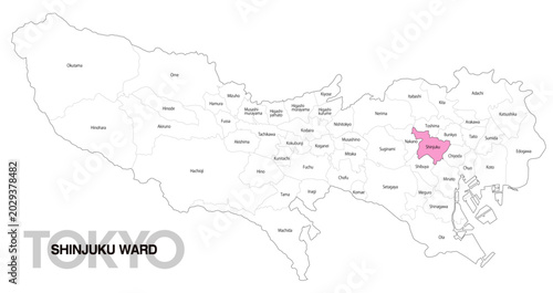 Bild auf Leinwand [日本地図] 東京都新宿区の市区町村名入り位置地図 (英語)