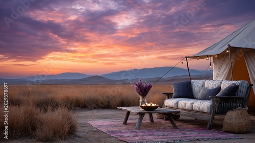 Luxury glamping tent in desert at sunset