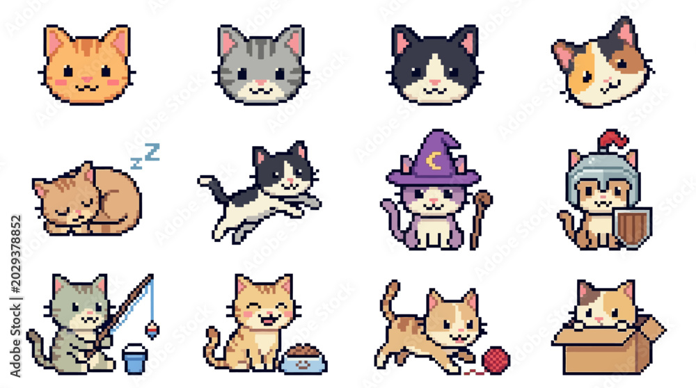 Fototapeta premium Pixel art collection of twelve cute cat character icons in various poses, including a wizard, knight, fishing cat, and kitten in a box, isolated on a white background.