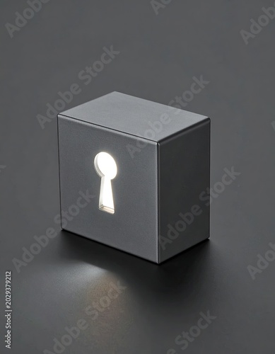 Metallic cube with keyhole emitting warm light
