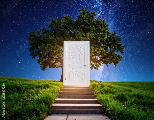White door opens to stars beyond a great tree