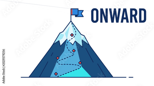 onward concept vector illustration of a snowy mountain with blue path and flag at top, route to peak, business journey and persistence