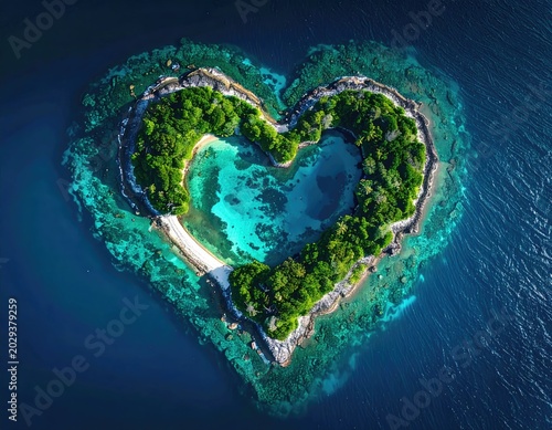 A heart-shaped island in clear blue ocean water