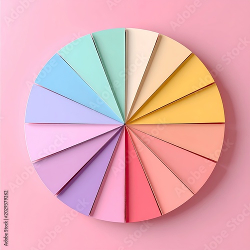 Colorful pie chart, pastel slices on a pink background