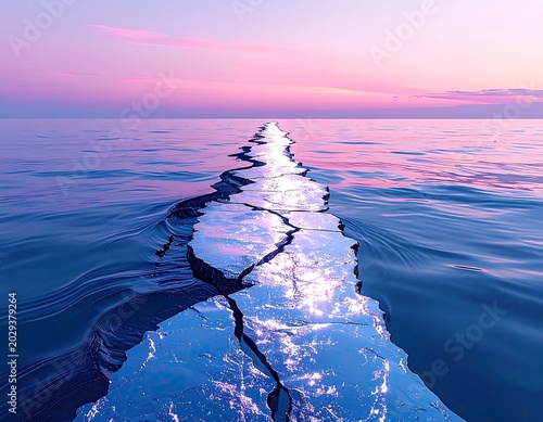 Crack in reflective ice stretches towards horizon at dusk