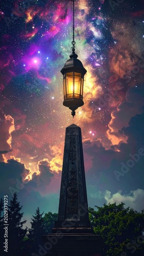 Lantern over monument against a nebula sky