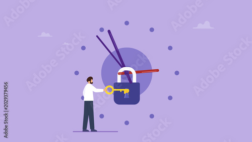 Businessman unlocking a clock. Time management, Effective planning for productive work and deadline project concept.