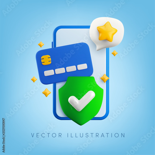 Vector cartoon 3d secure mobile payment banner. 3d render credit card with green shield and checkmark, speech bubble on smartphone screen. Online payment protection concept. Safe banking app.