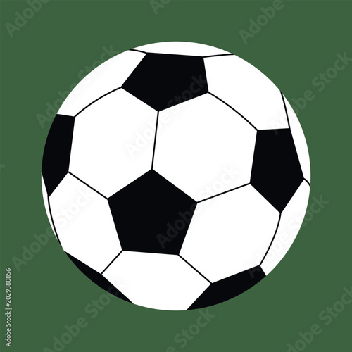 Classic black and white soccer ball illustration isolated on a dark green background square. Minimalist sports icon vector graphic for football match announcements and summer 2026 tournament graphics