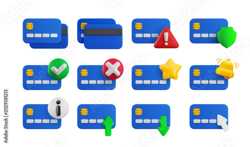 Vector cartoon 3d credit card icon set. 3d render credit card with check mark, red cross, star, exclamation mark triangle, arrows, shield, bell. E-payment, online banking concept collection for app.