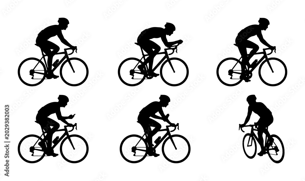 Fototapeta premium Cyclist Silhouettes Set, Road Bike Rider Poses, Sport Vector Icons, Cycling Action Graphics