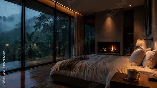 A photorealistic, highly detailed cinematic shot of a luxury hotel bedroom during a heavy rainy season