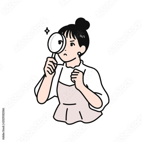 真剣に虫眼鏡を覗くまとめ髪の若い女性のシンプルなベクターイラスト素材