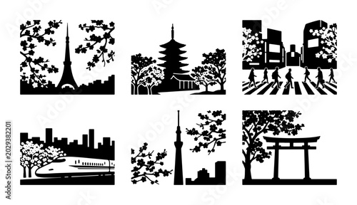 Slika na platnu Tokyo Cityscape Vector Icons, Japanese Landmarks, Urban Scenes, Travel Graphics